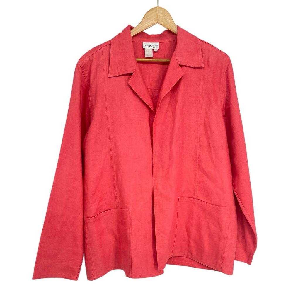 Coldwater Creek Coral 100% Linen‎ Open Front Blazer Jacket Womens Large L Pocket